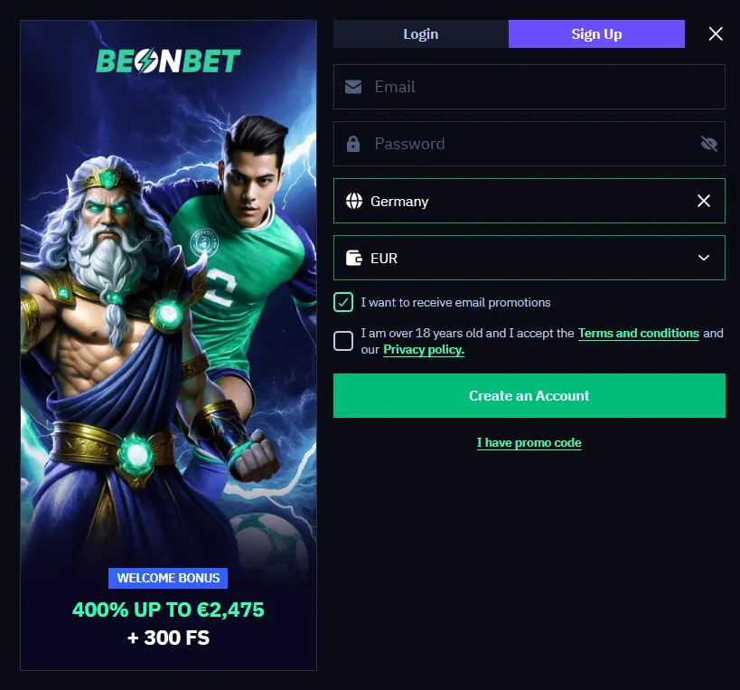 BeonBet dansk registreringsformular til oprettelse af konto